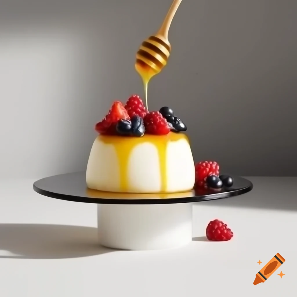 Elegant panna cotta dessert topped with golden honey and fresh fruit
