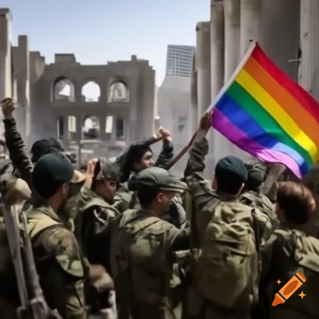 American soldiers raising LGBT flag in Tehran ruins