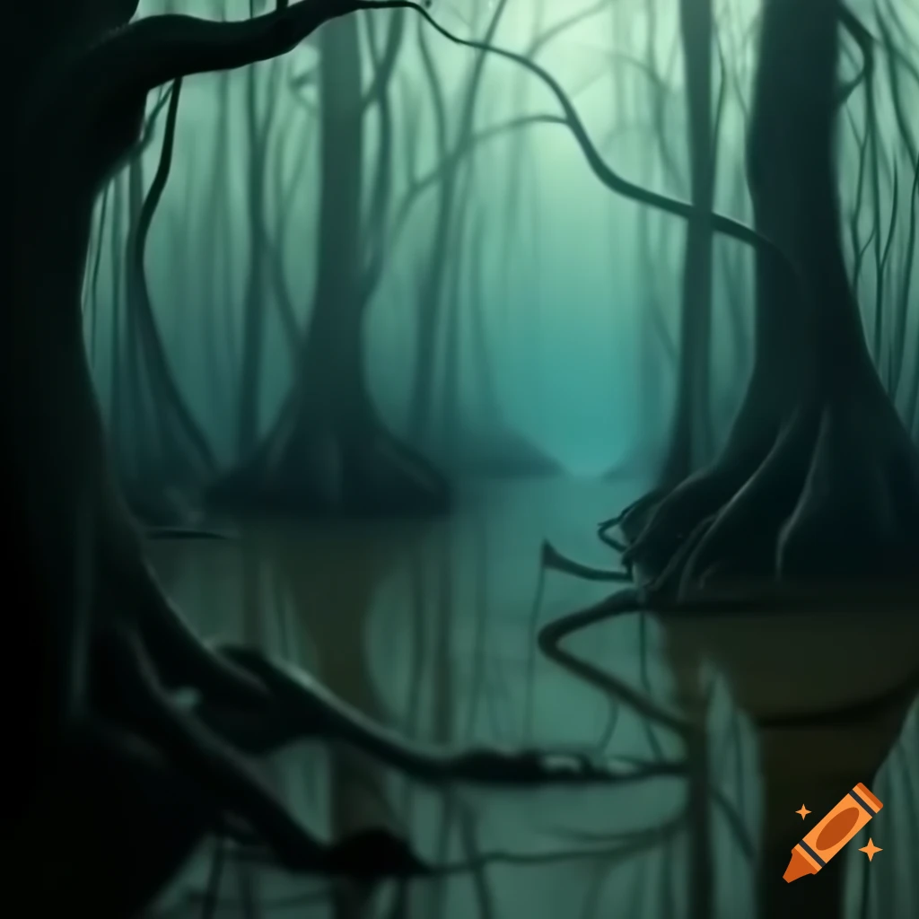 Eerie swamp landscape with dark water and dense foliage