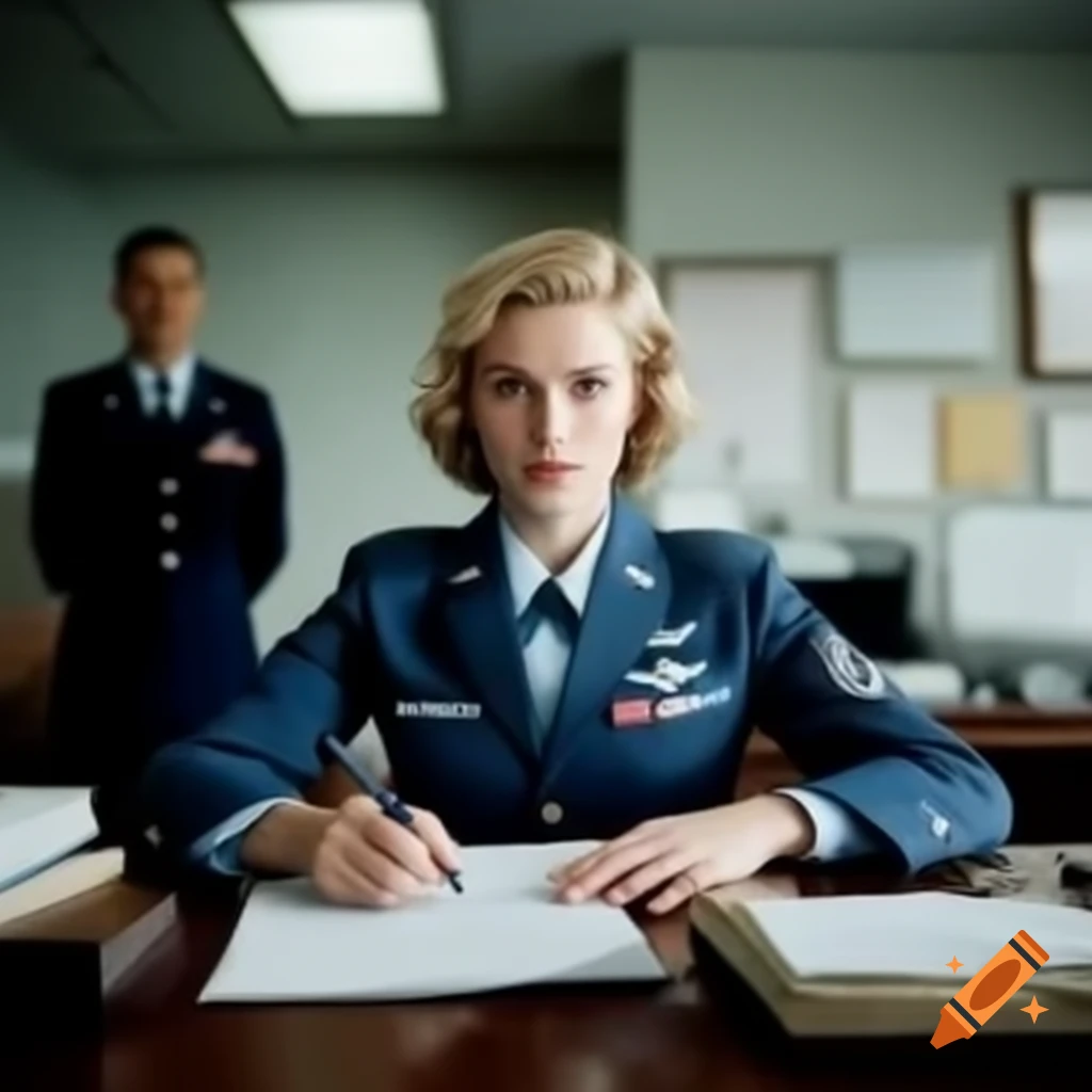Young woman in air force uniform at office desk handling paperwork