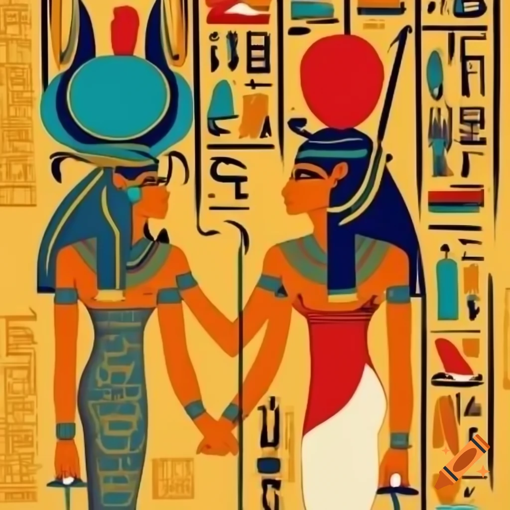 Hieroglyphic art of goddess Isis mourning Osiris in desert with gold and blue colors
