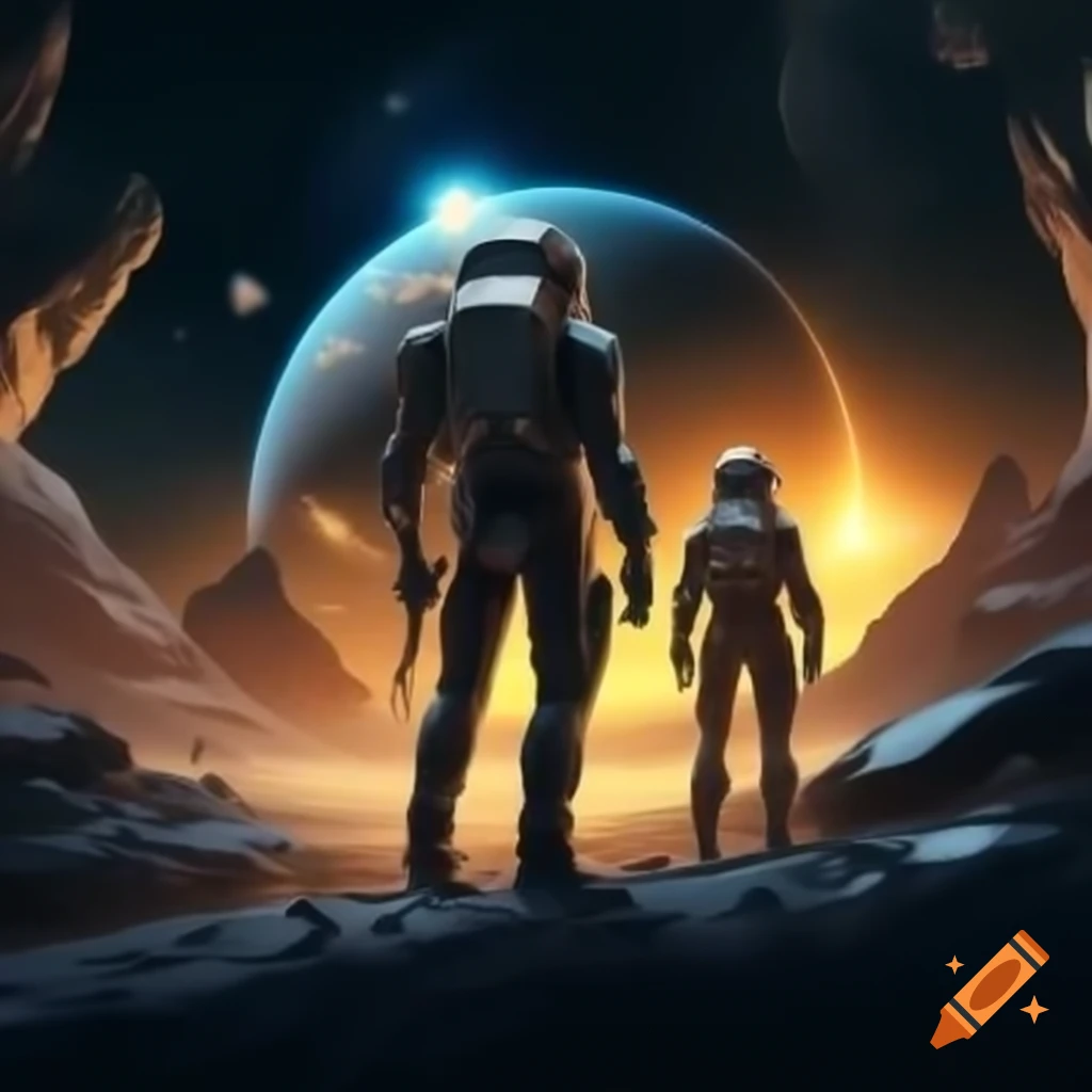 Futuristic space mission on alien planet with explorers in high-tech suits