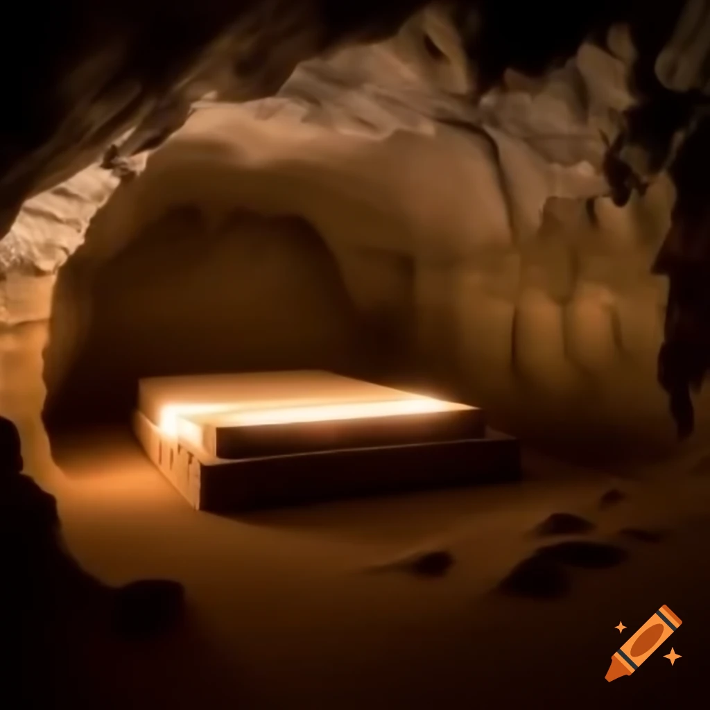 Underground beach cave illuminated by glowing stone bed