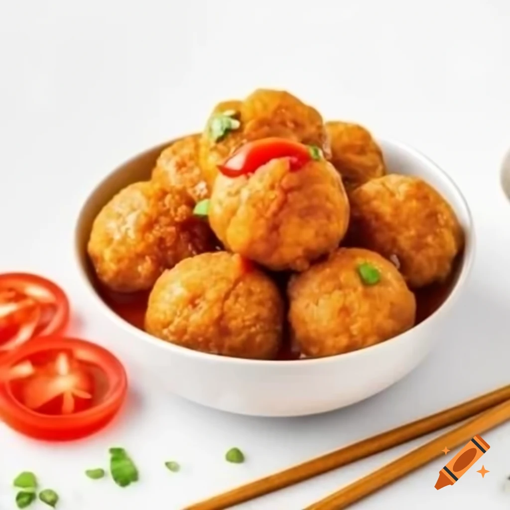 Bowl of Chinese chicken balls with tomato sauce and chopsticks