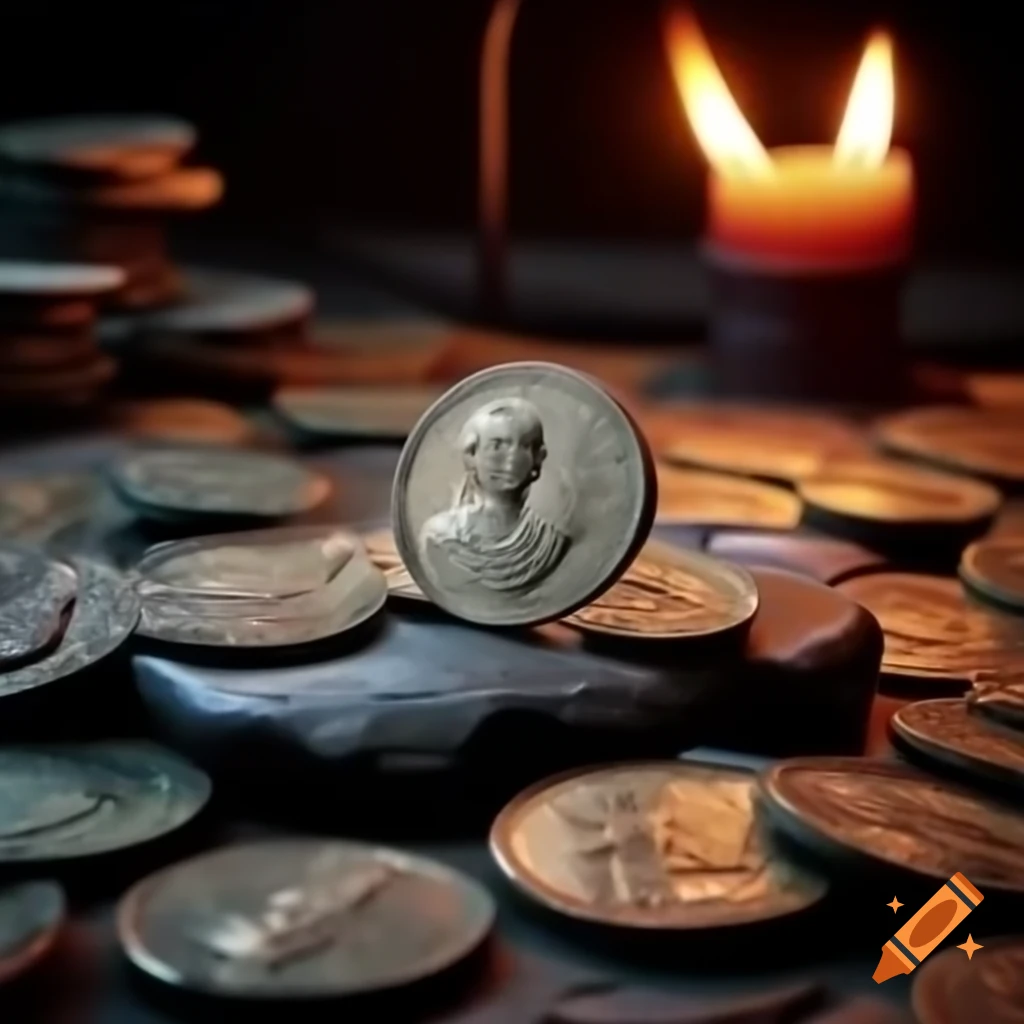 Old Roman coins with Julius Caesar's face under torchlight on stone table