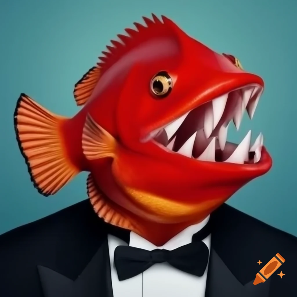 Red Swedish Fish candy wearing a tuxedo
