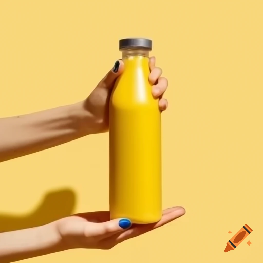 Vibrant yellow banana smoothie in square plastic bottle, minimalist presentation
