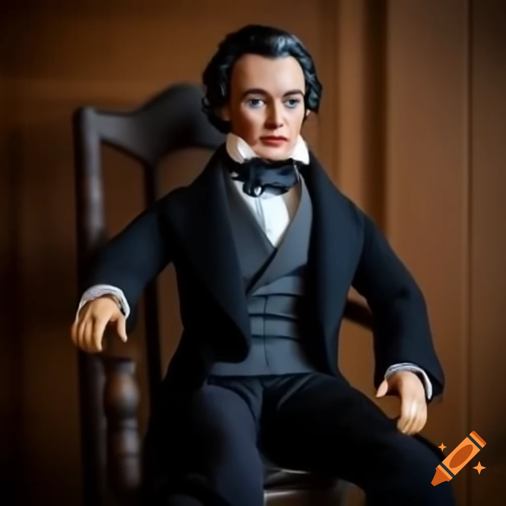 Doll of Frederic Chopin in 19th century attire sitting on a chair