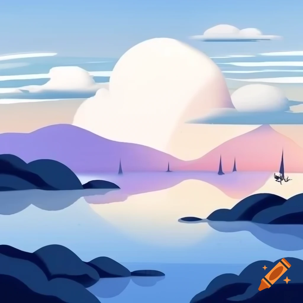 Minimalist seascape illustration of calm ocean bay at sunrise with ...
