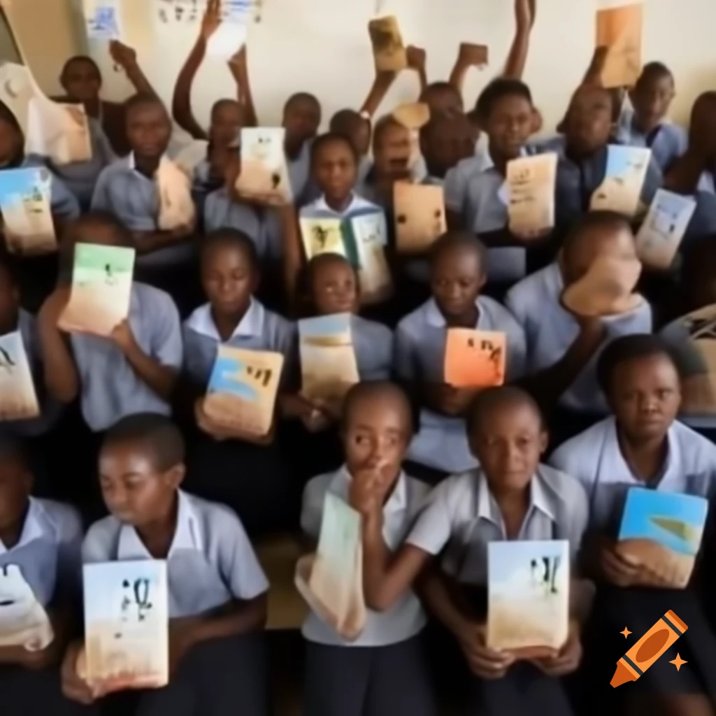 People wearing Africa dynamite organization T-shirts donating books in schools