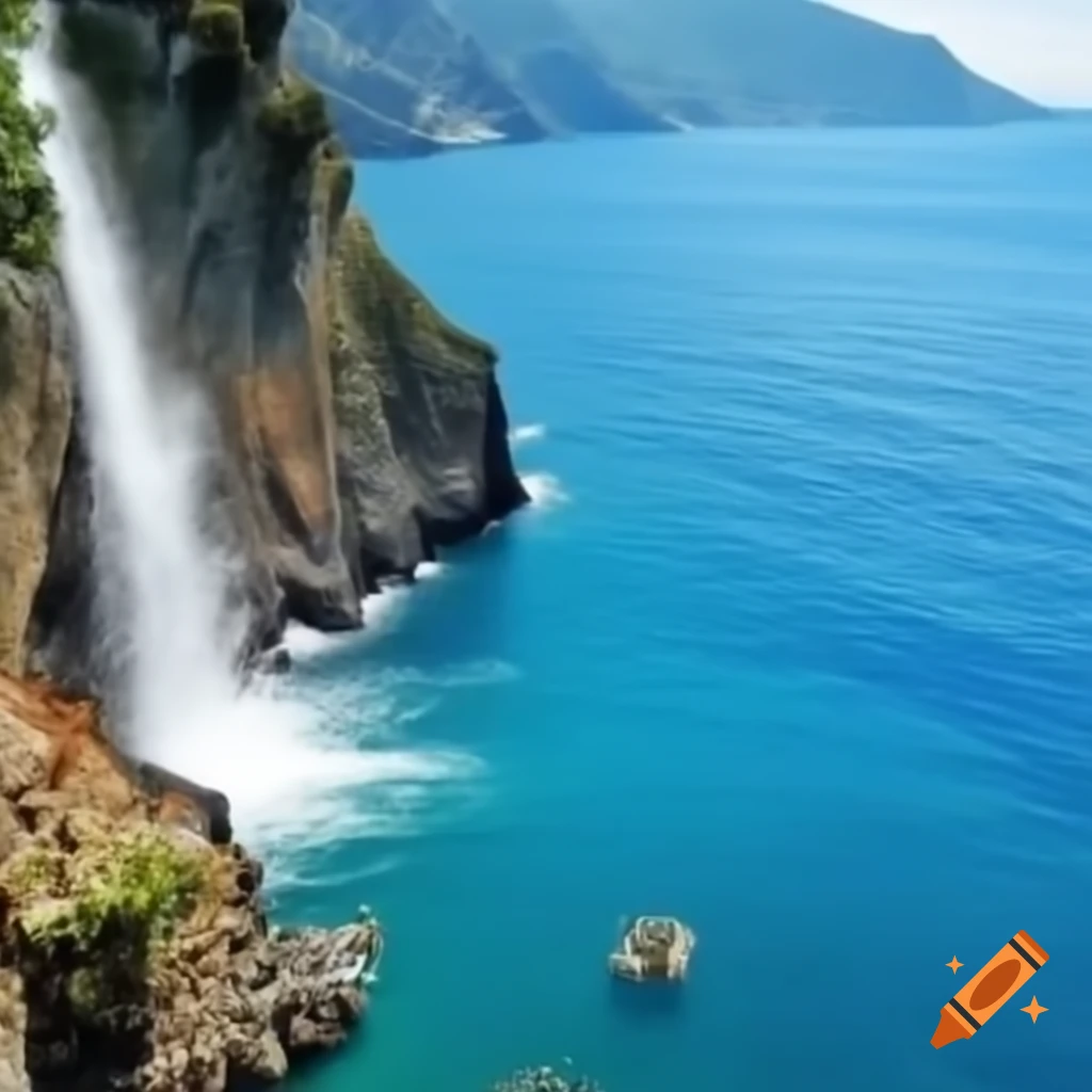 Waterfall cascading from Amalfi Coast into the sea with visible corals