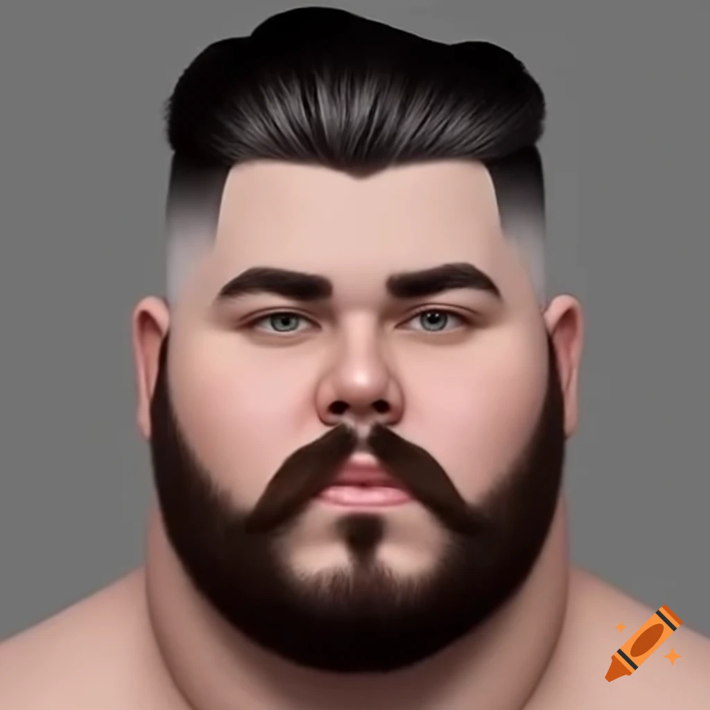 Man with triple chin and low taper fade haircut and mustache