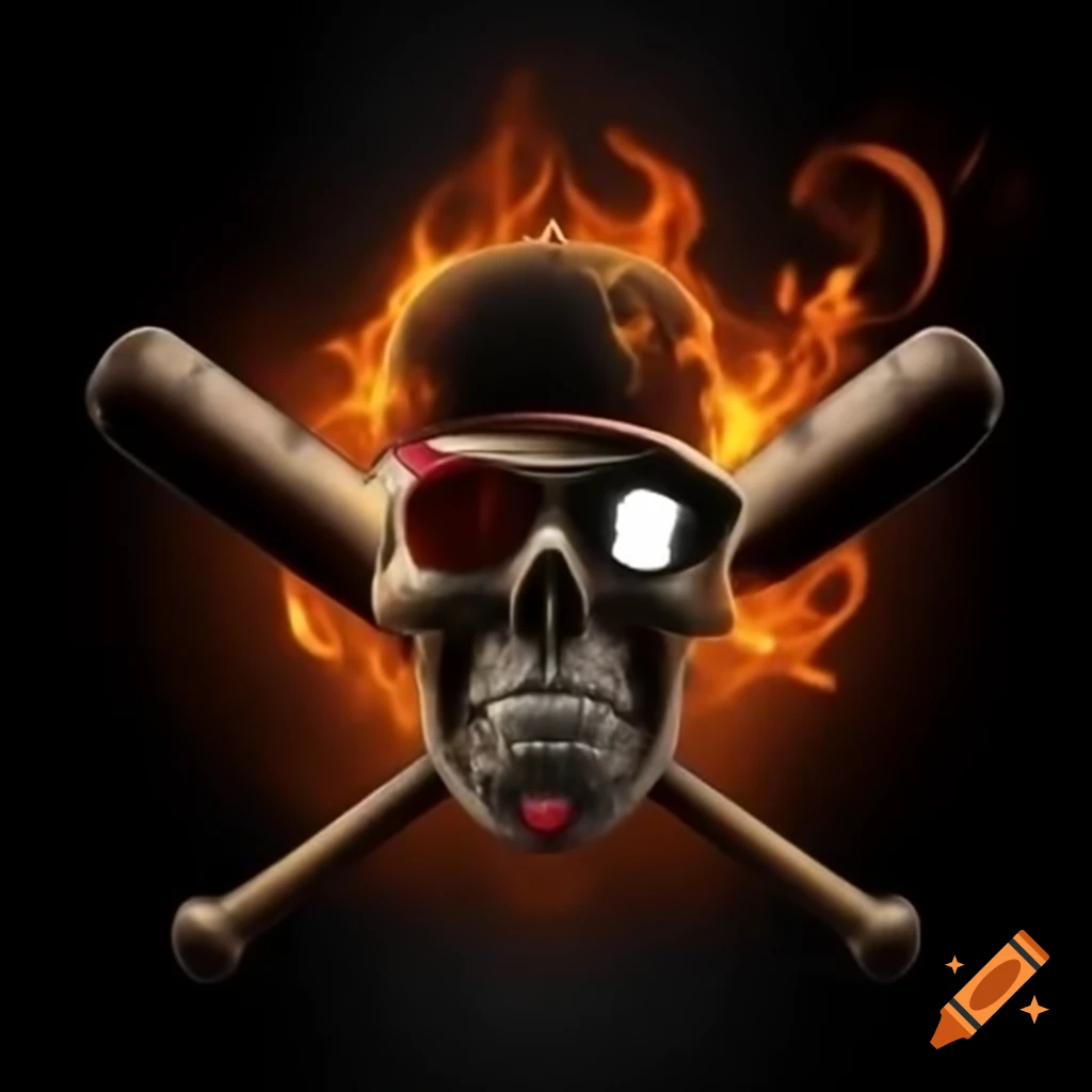 Skull wearing baseball catcher's mask with crossed baseball bats and fire