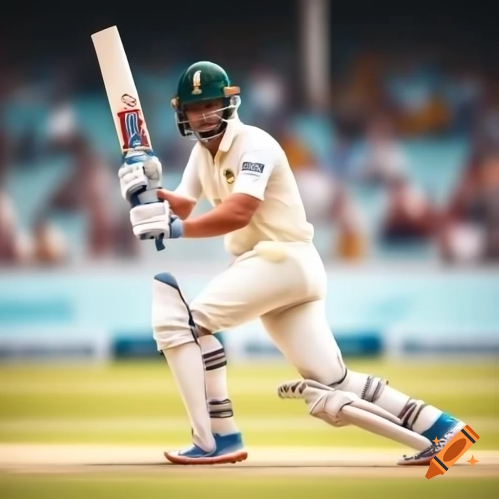 Realistic cricket player in batting stance wearing white uniform on sunny stadium pitch