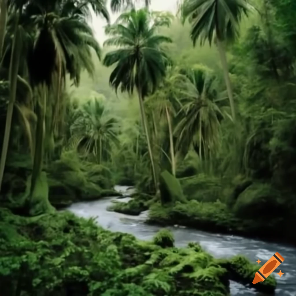 Tropical forest with river running through in West Dorset, England