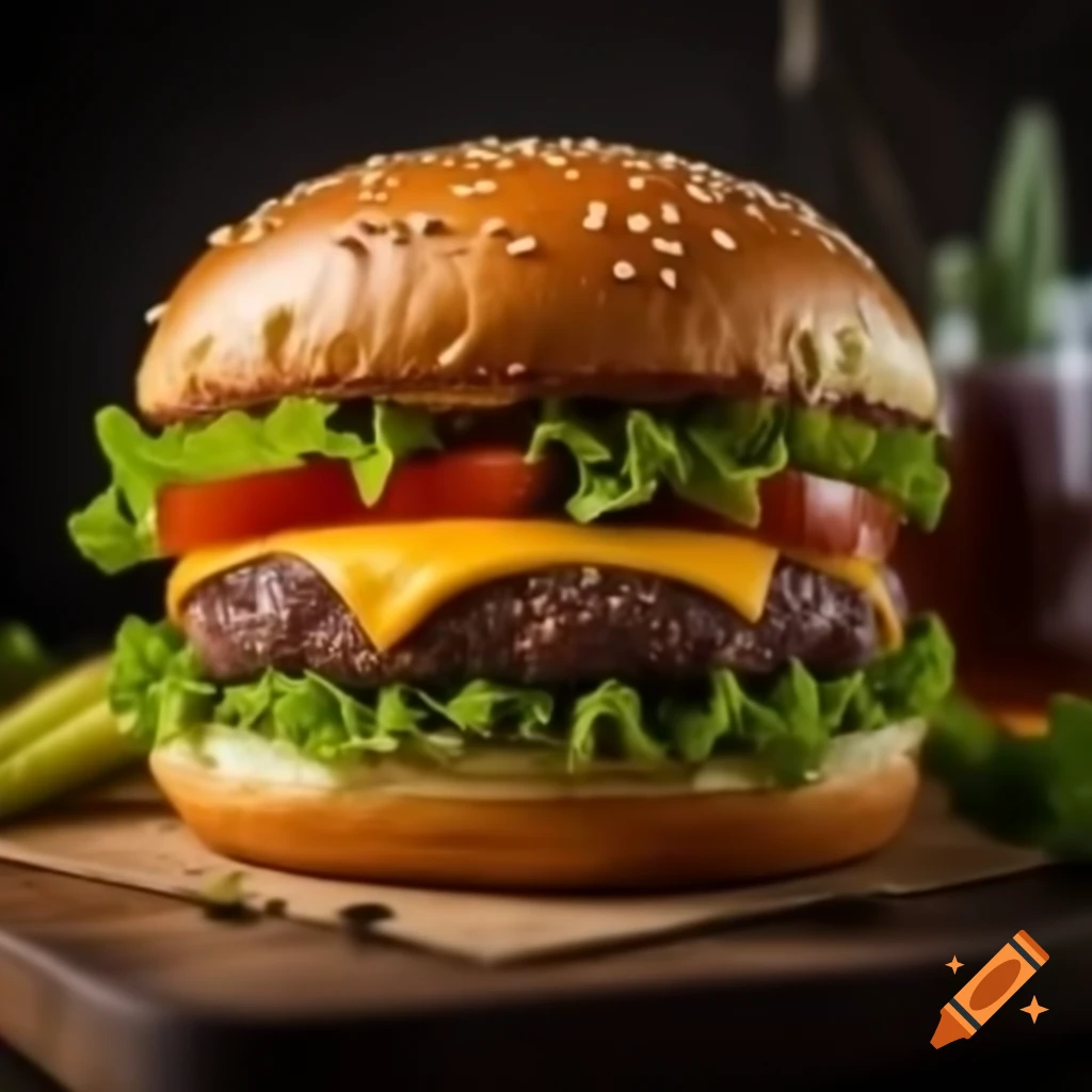 Realistic juicy burger showcasing toppings and texture