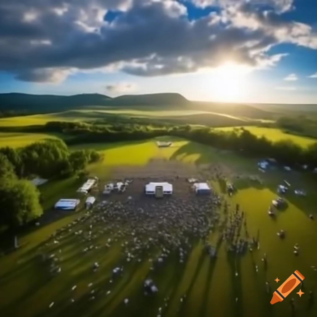 Aerial view of a vibrant music festival in the countryside