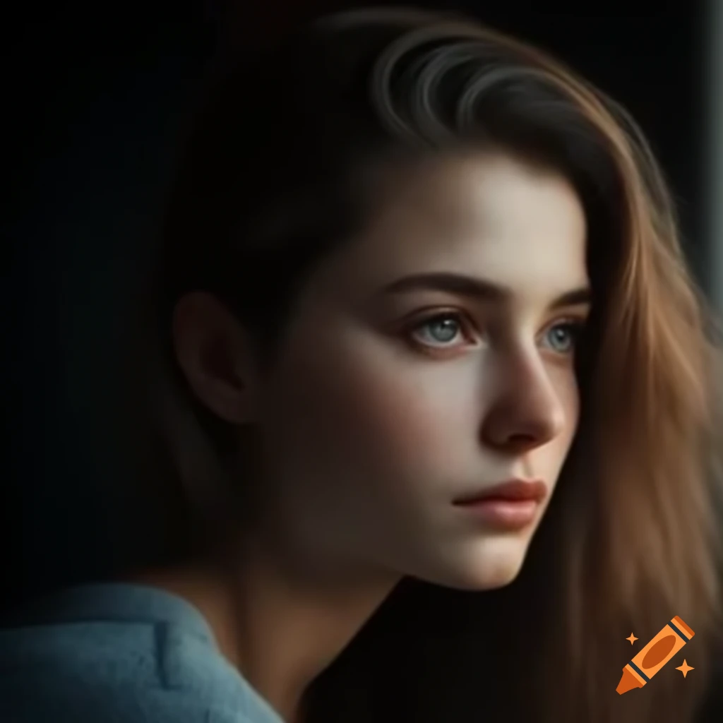 Young woman in casual clothes with thoughtful expression, realistic portrait