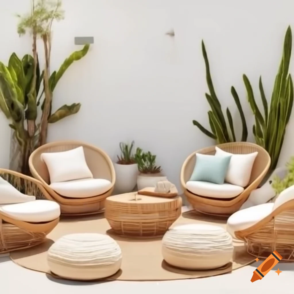 Stylish summer patio featuring rattan seating and green plants