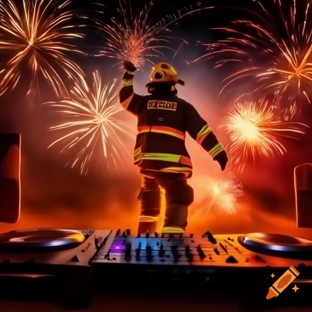 Firefighter dancing with fireworks and DJ at the forefront