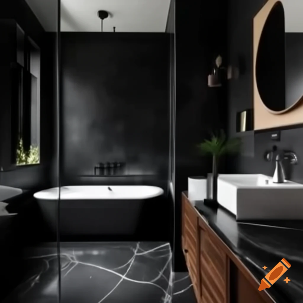 Modern dark bathroom with black marble floor, black walls, white bathtub, white sink, and brown oak cabinet