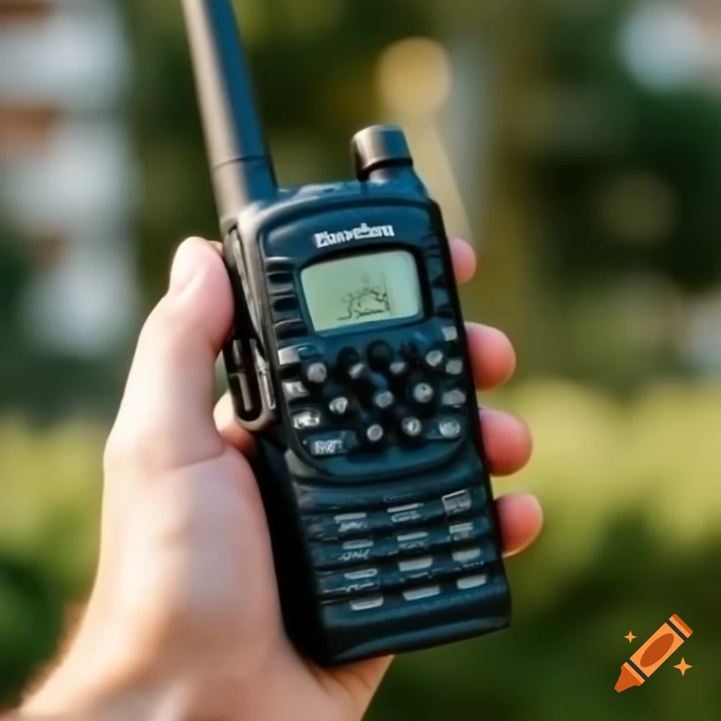 Walkie-talkie held by technician in outdoor setting with rental details