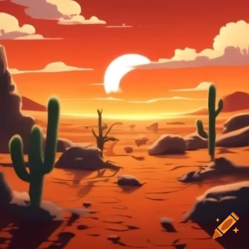 Vibrant desert landscape with dunes, sandstone rocks, and cacti under an orange sky