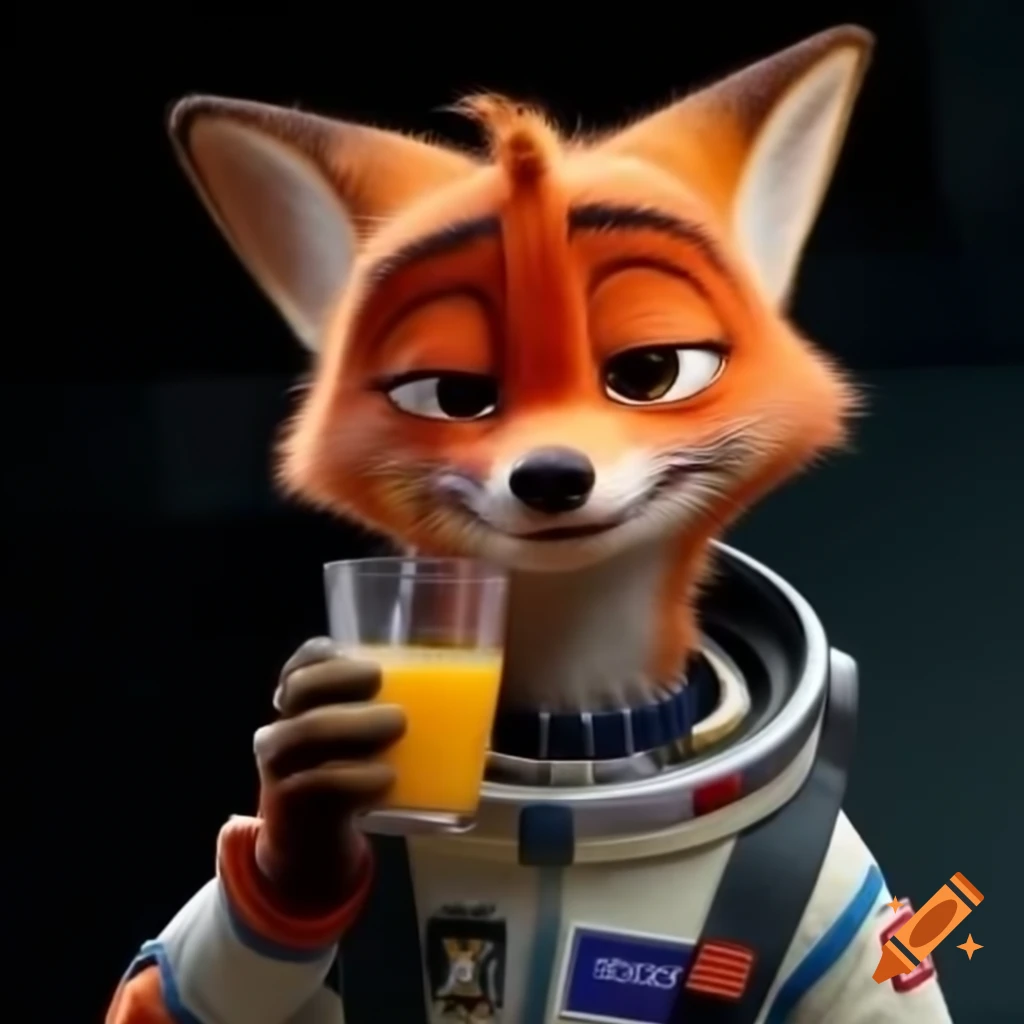 Zootopia fox in spacesuit smiling and holding orange juice