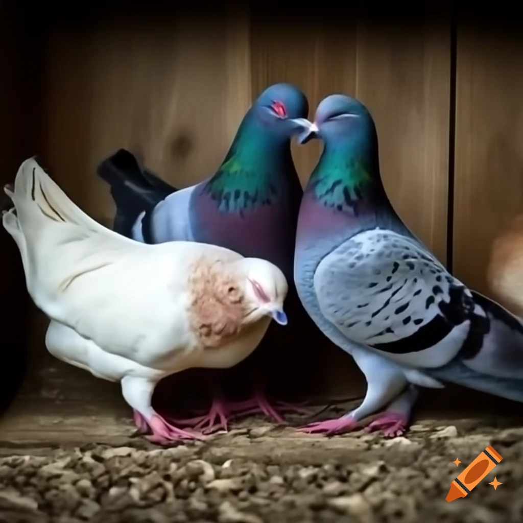 Household scene with three pigeons, a chicken, a goat, and a mouse