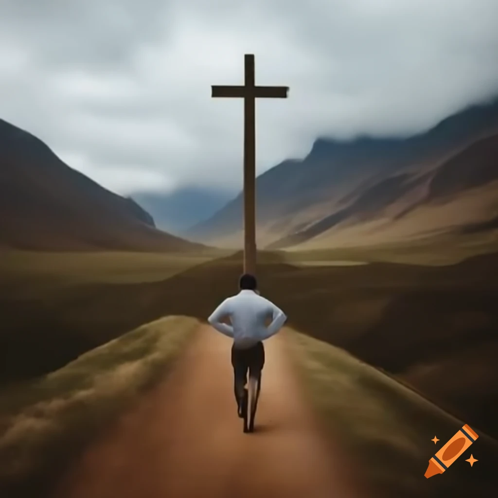 Man lying on back in valley with path leading to a cross
