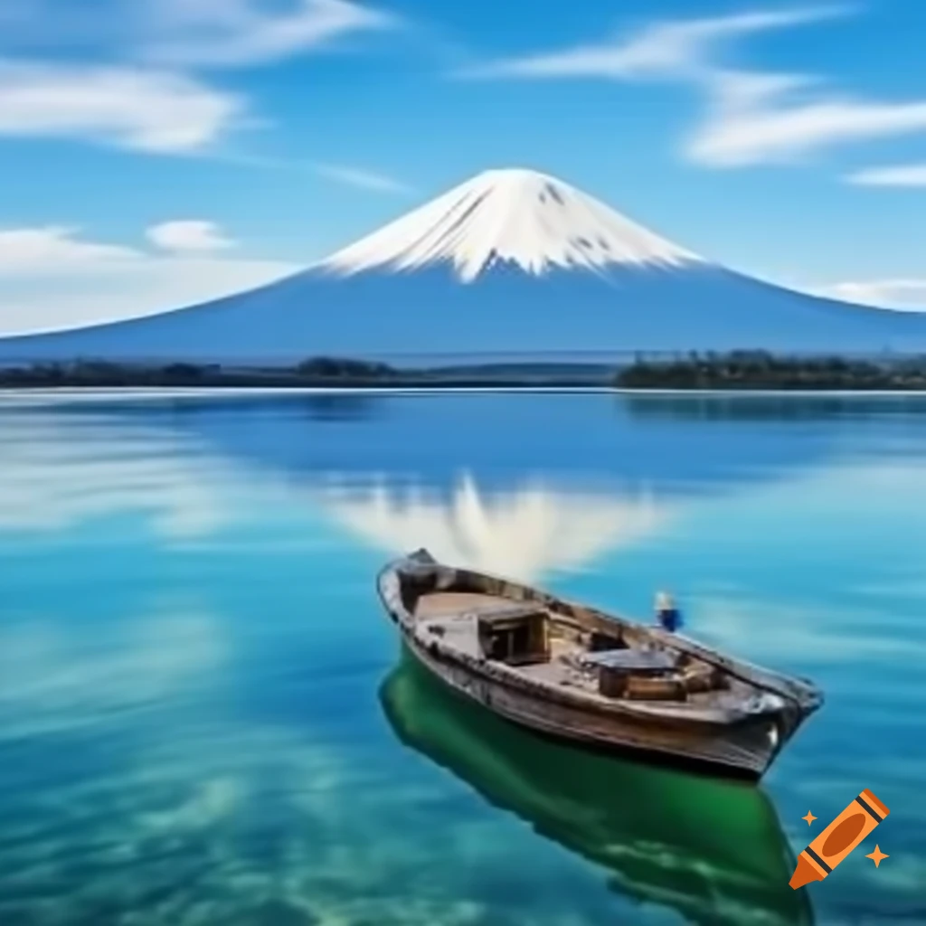 Boat floating on high water with a view of Mount Fuji
