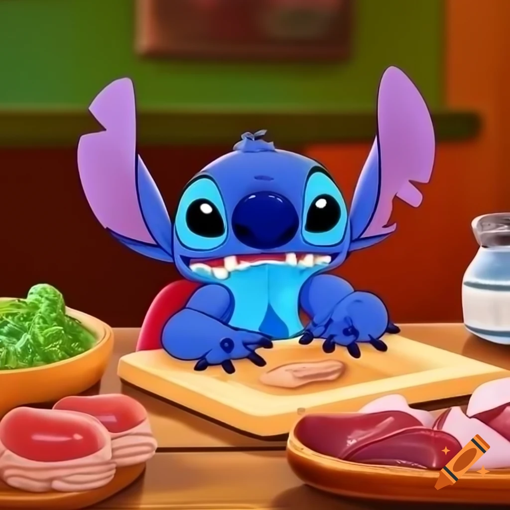 Stitch on vacation with a drink, charcuterie board on the table, watching TV