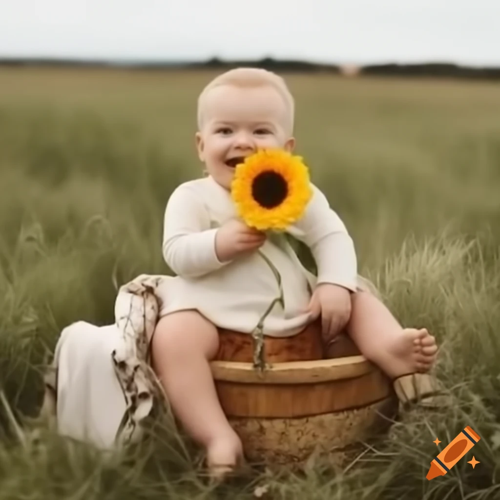 Toddler holding sunflower to smiling mom on picnic basket in grassland