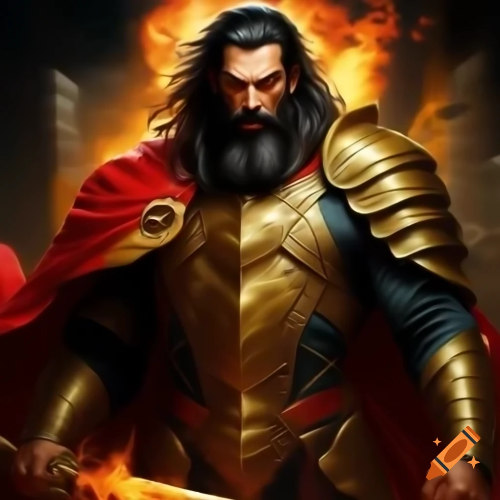 Warrior with black beard in golden armor, wielding a flaming sword on ...