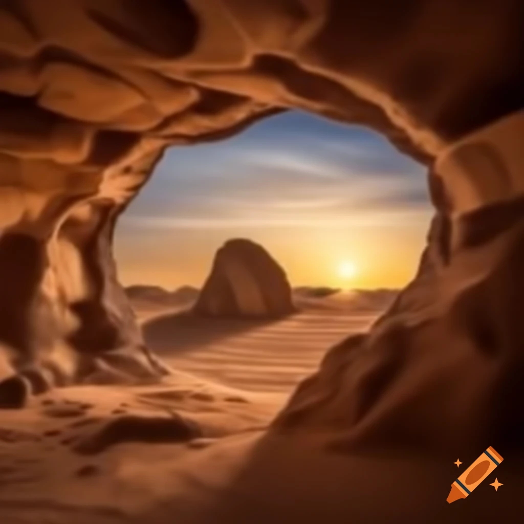 Entrance to ancient Arabian desert cave at sunset, realistic detail