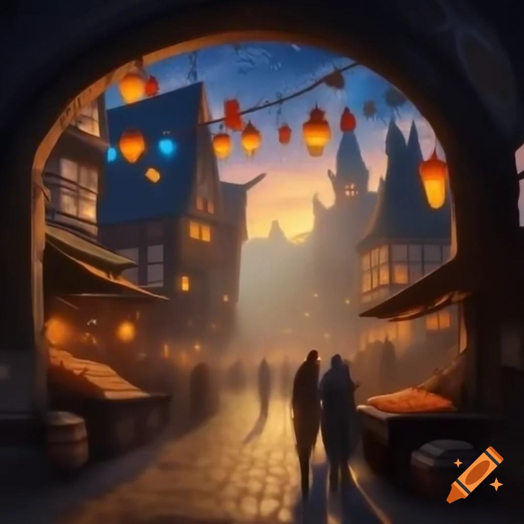 Fantasy medieval city street at dawn with golden sunrise and busy market vendors