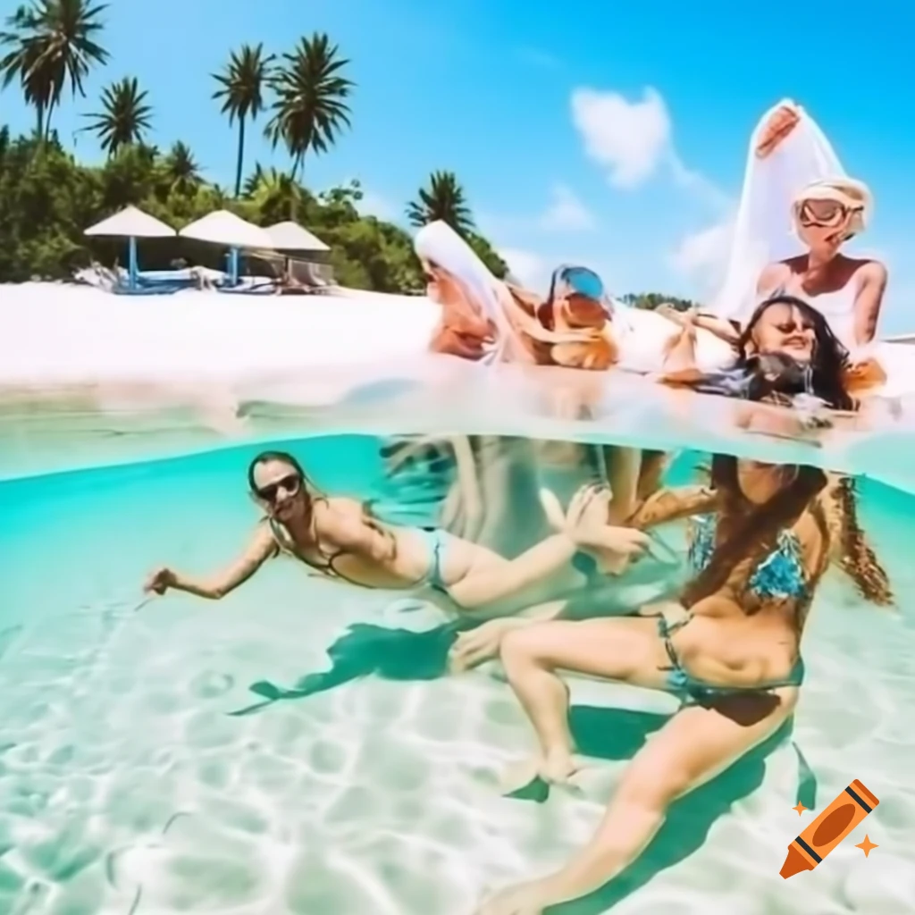 Tropical beach with people celebrating, turquoise water and palm trees