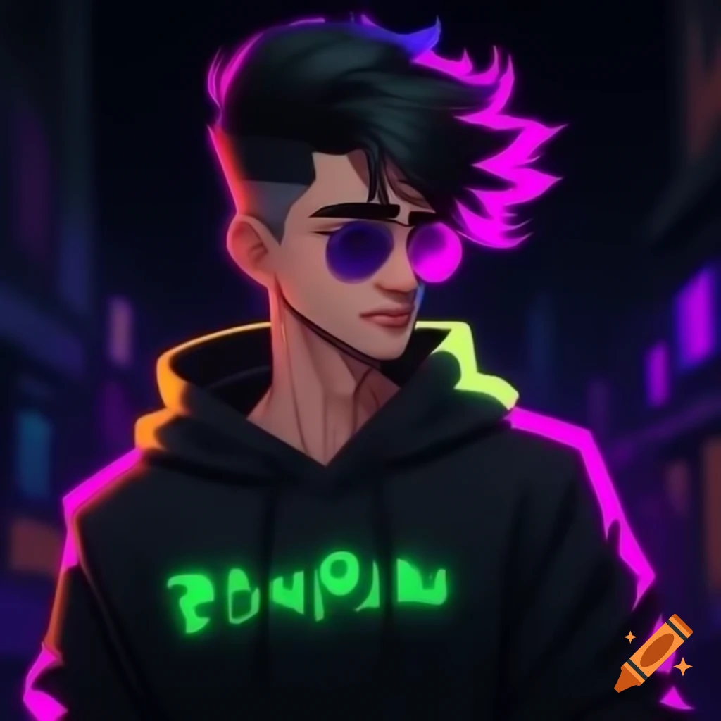 Stylish young Indian male cartoon character in hoodie with neon text and sunglasses