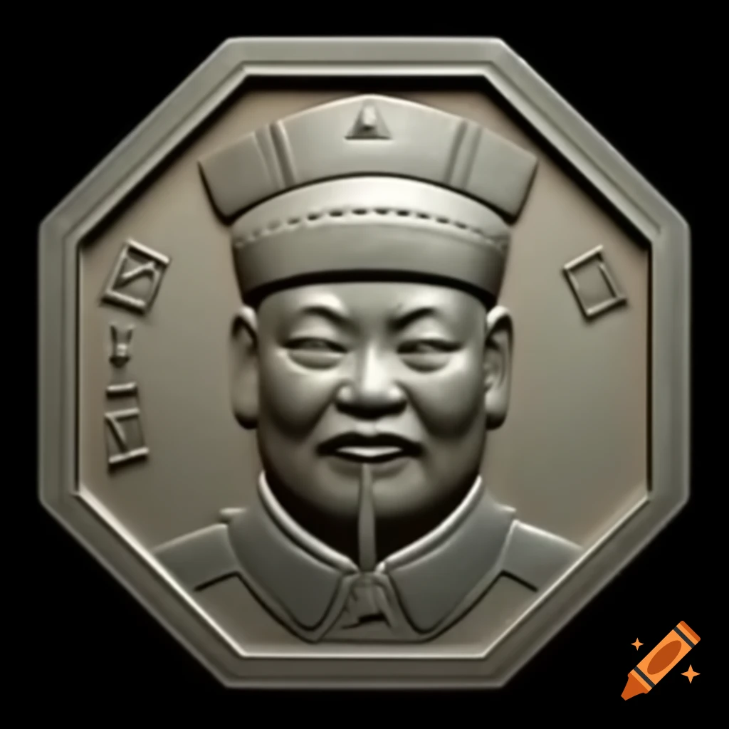 Metal bas relief of ancient Chinese governor's hat on hexagonal coin