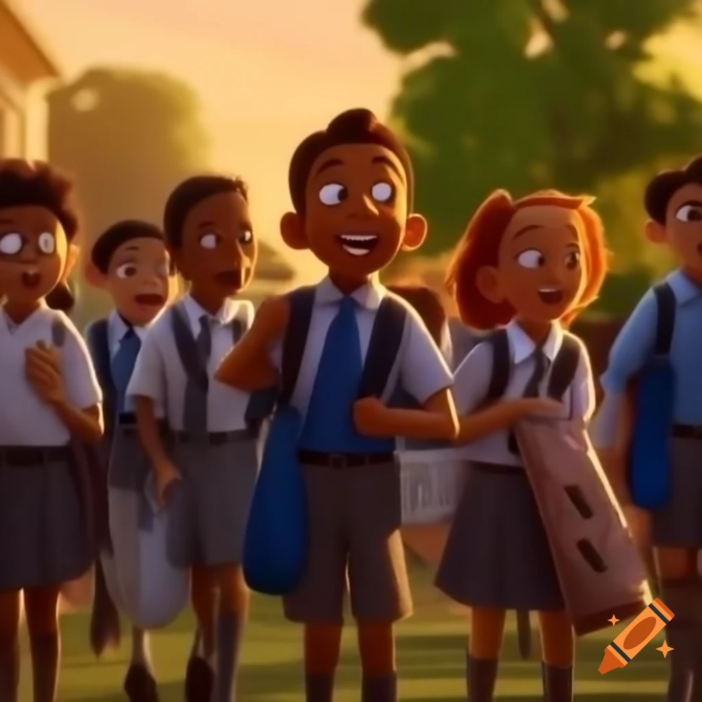 Group of school friends in uniform laughing in playground during sunset