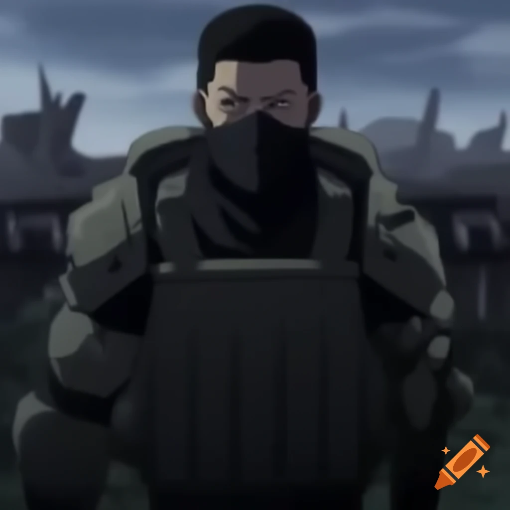 Anime male guard in military armor at ruined base in apocalypse scene, close up