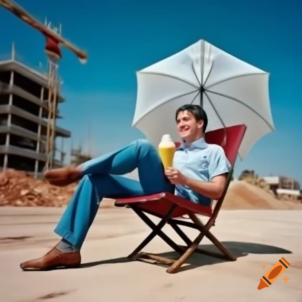 Man relaxing on chair with umbrella sipping pina colada at construction site