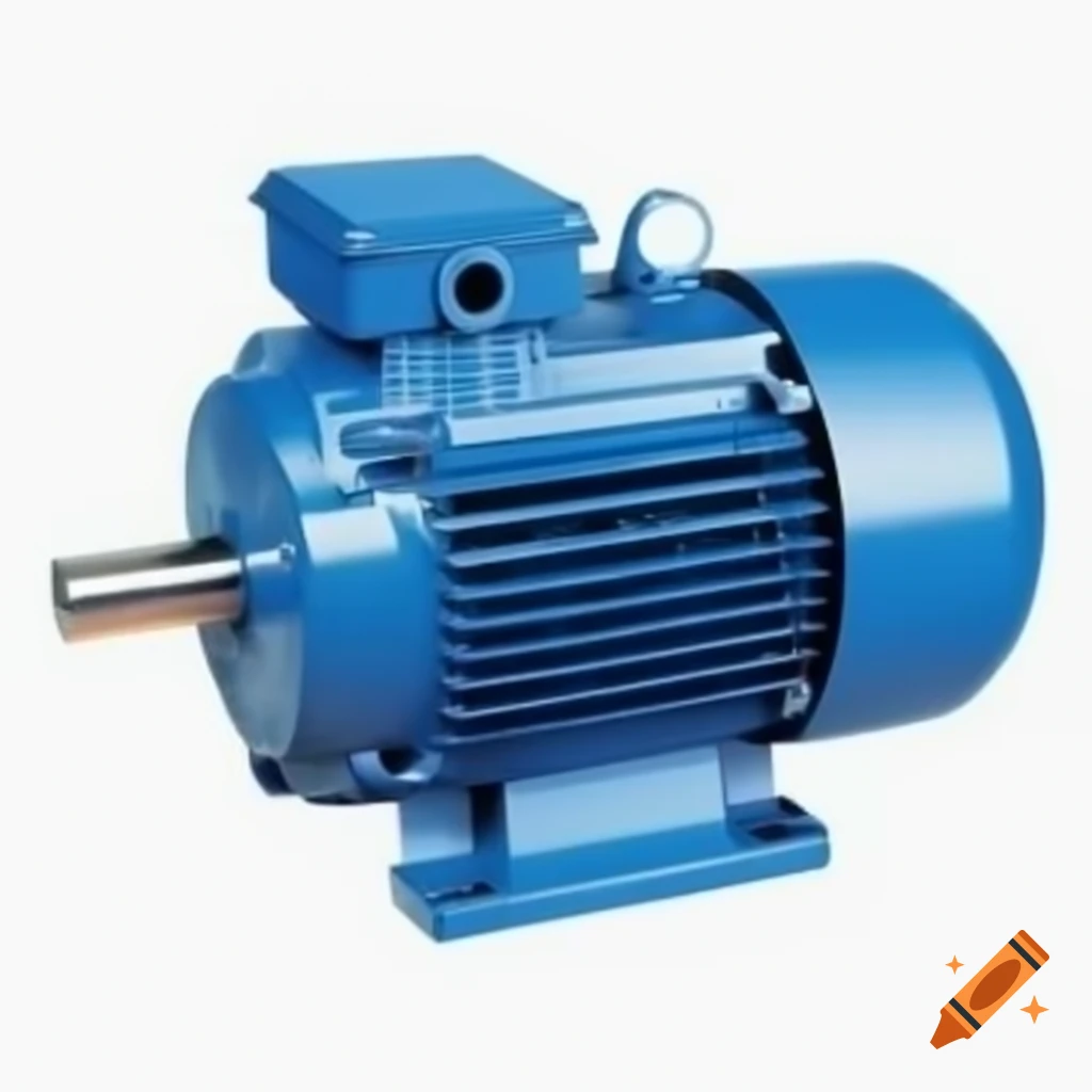 Industrial electric motor with blue cylindrical body and cooling fins on white background