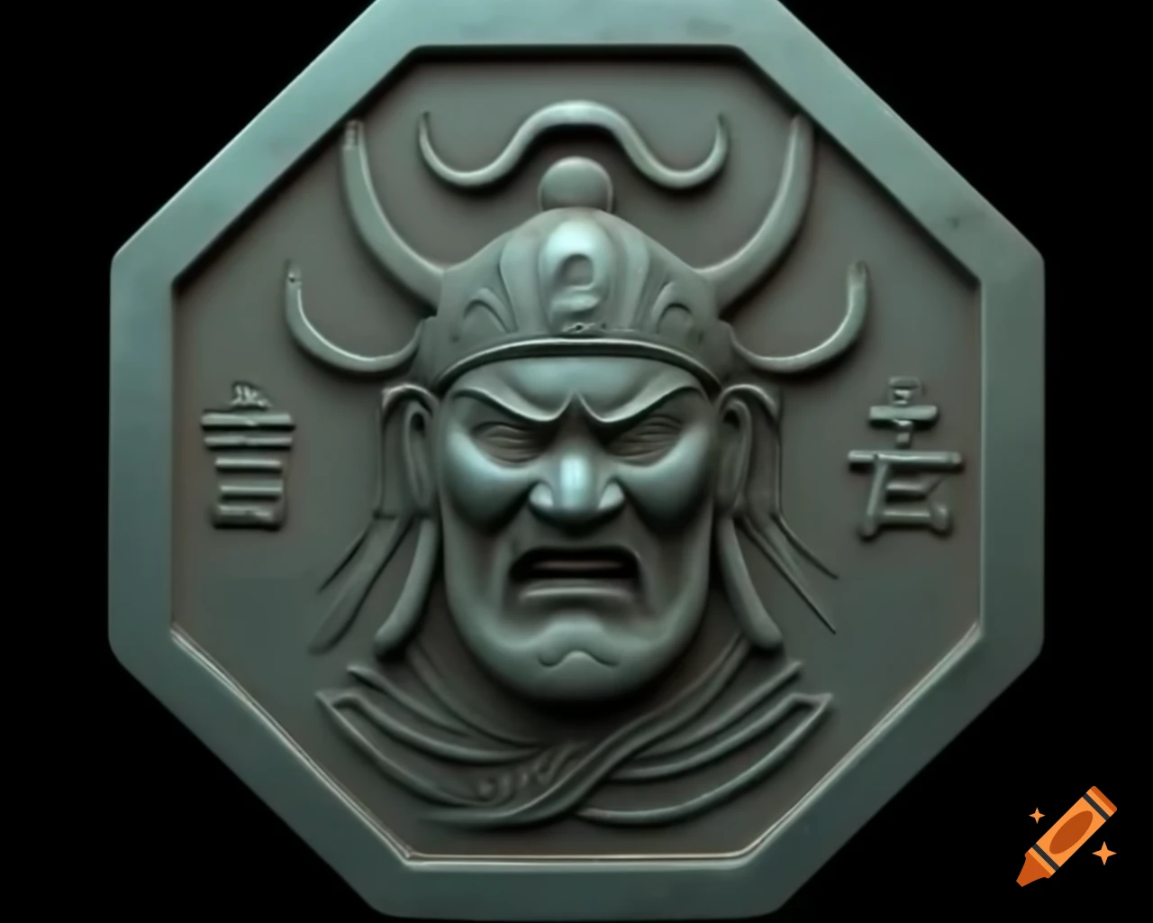 Metal bas relief of ancient Chinese warrior helmet on hexagonal coin