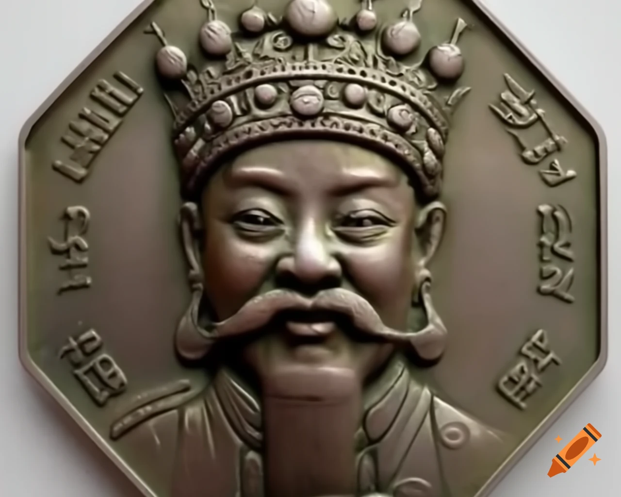 Metal bas relief of ancient Chinese governor's crown on hexagonal coin