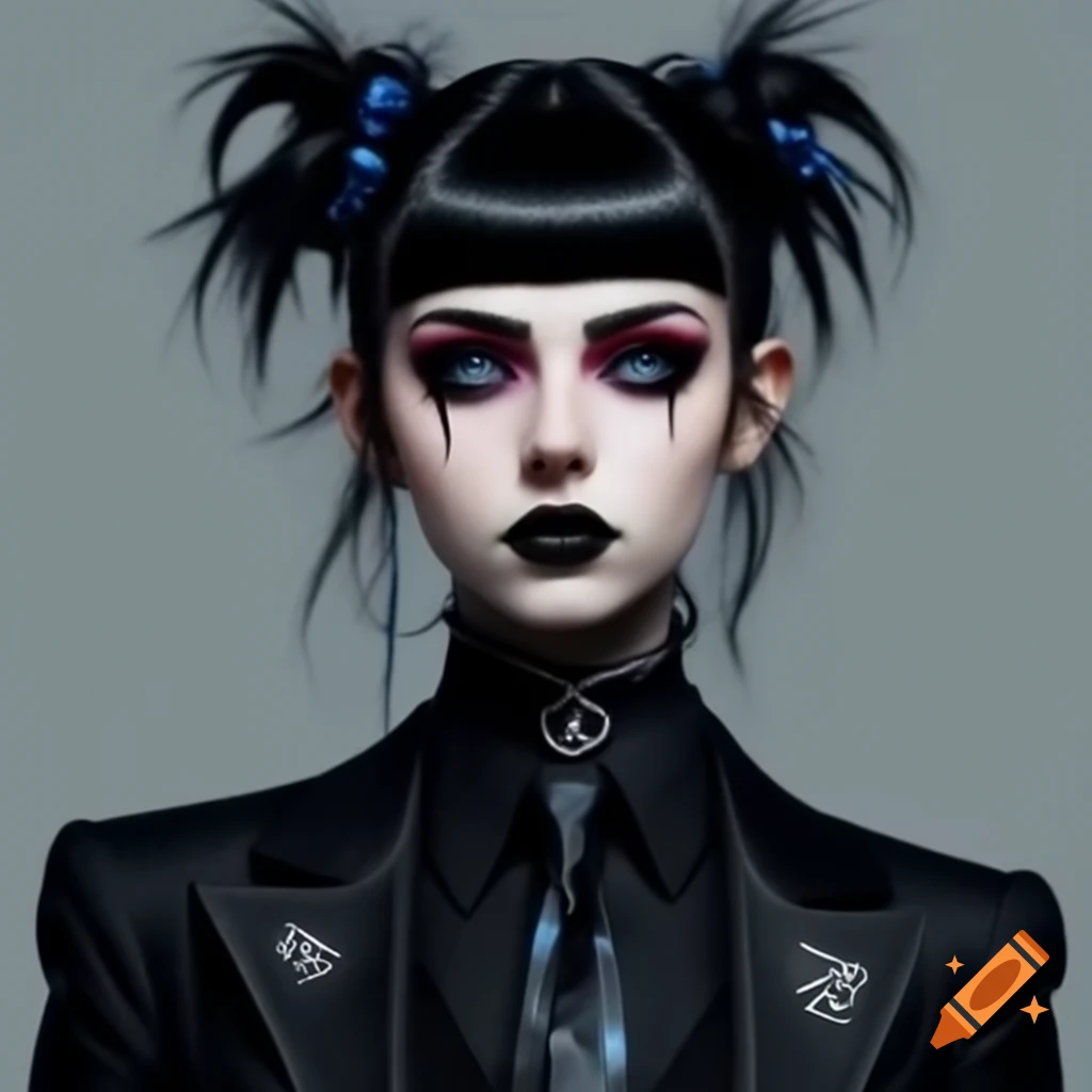 Punk goth female in black suit with blue-black ponytail