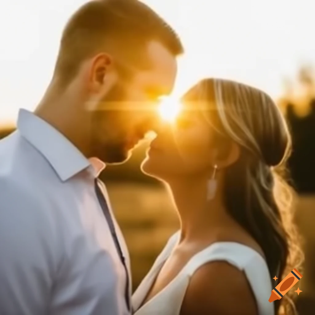 Wedding photo of couple with woman in white satin dress and man with medium length blond hair