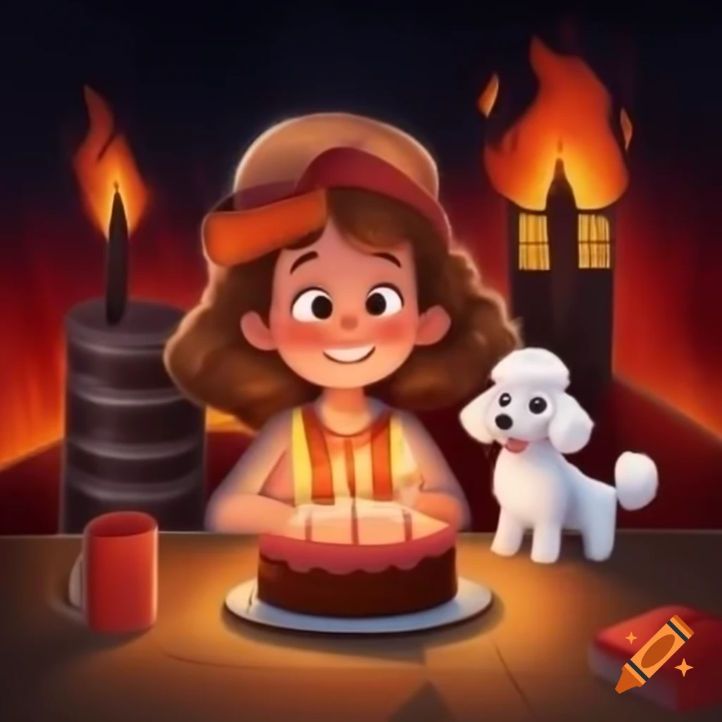 Happy girl with poodle celebrating with cake, background of warehouse fire