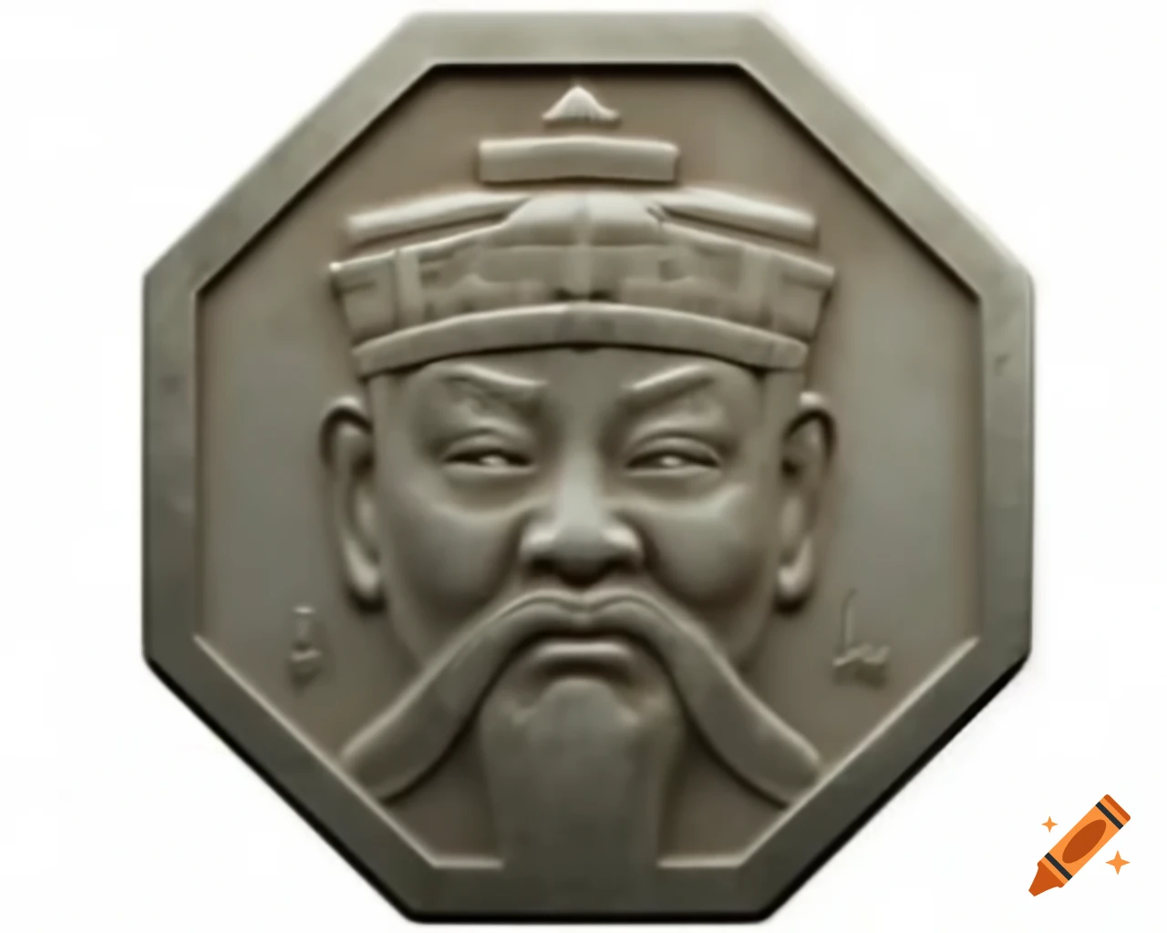Metal bas relief of ancient Chinese governor's crown on hexagonal coin