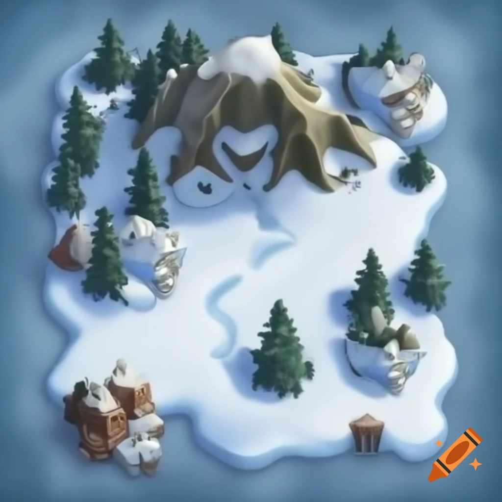 Snow Pixel Normal Map Pixel art of snow-covered map featuring fir trees, volcano, road ...